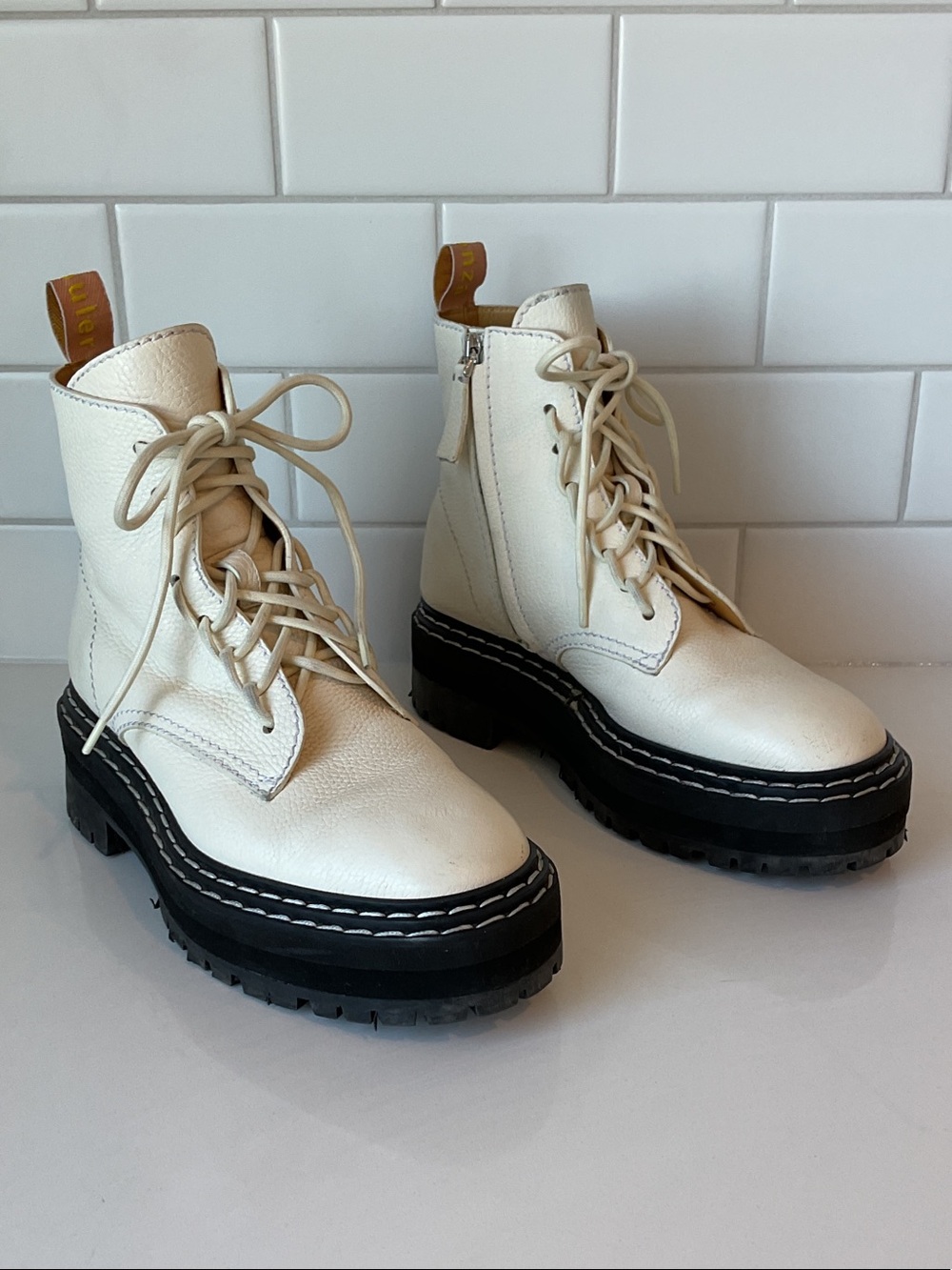 Proenza Schouler Cream and Black Lace-Up Platform Combat Boots Made in Italy